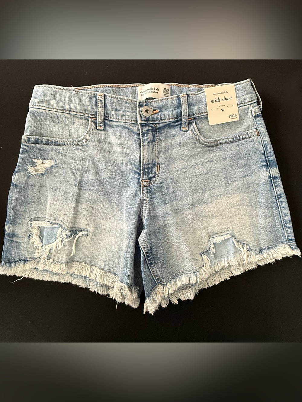 abercrombie kids light blue distressed denim shorts